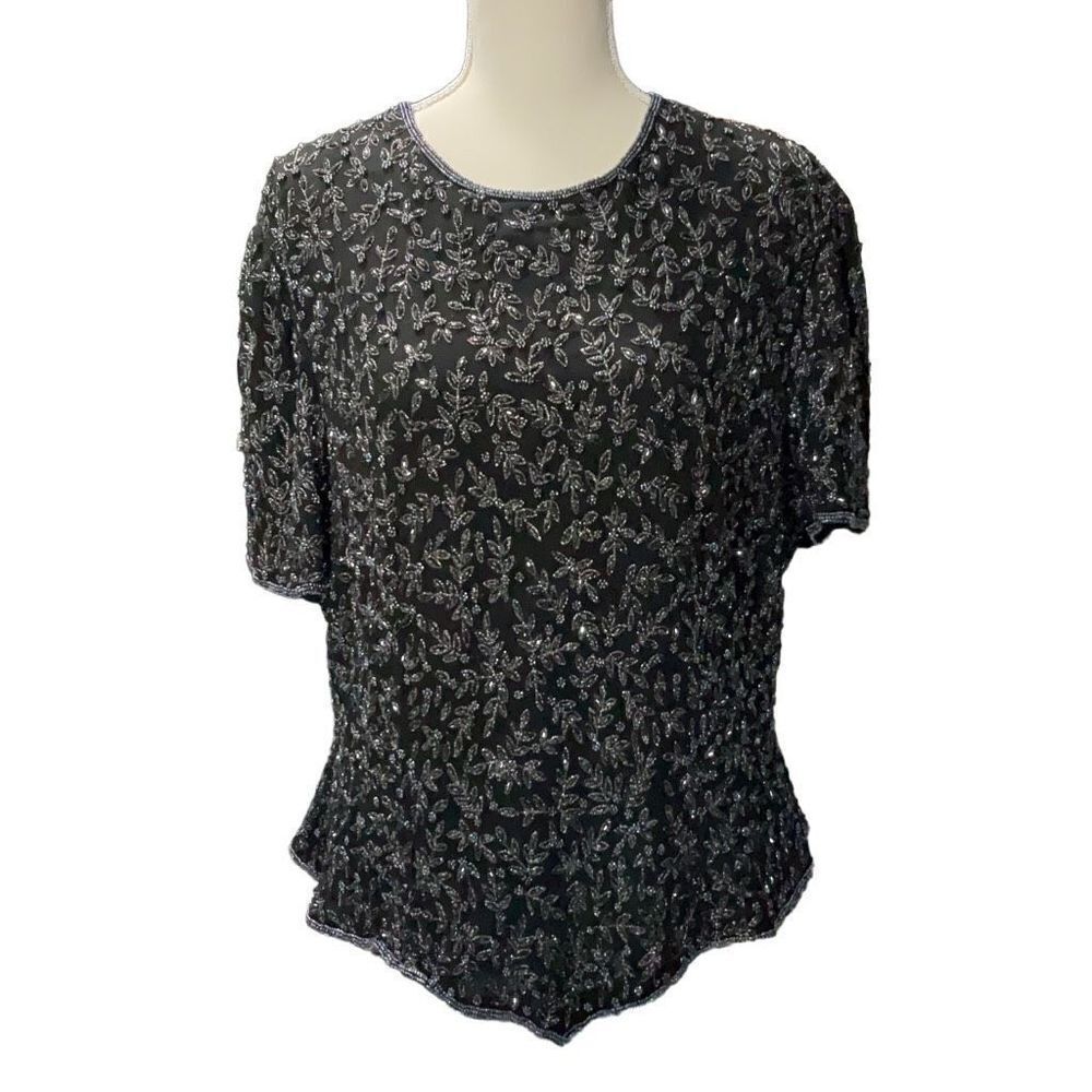 Papell Boutique Evening 100% Silk Black Beaded Formal Top Size 1X